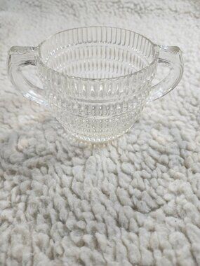 Vintage Clear Pressed Glass Sugar Bowl Two Handle Ribbed Pattern Decorative